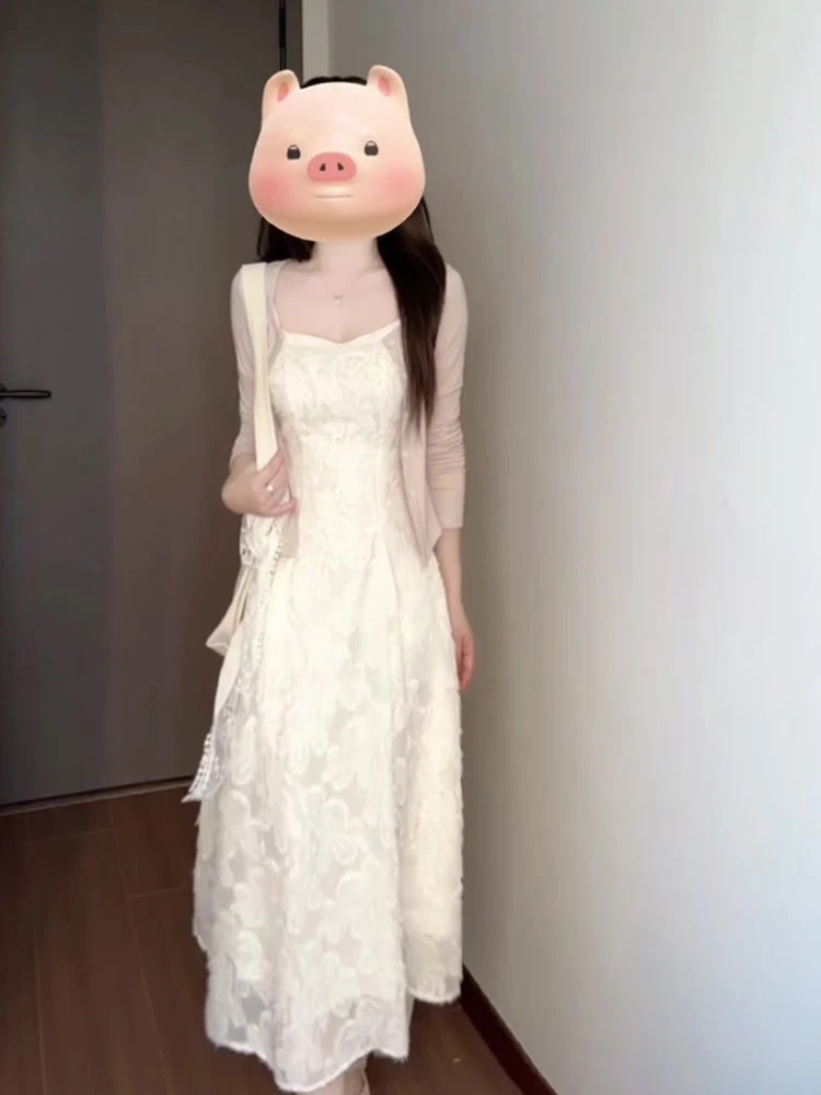 法式气质杏色提花吊带裙女夏修身显瘦气质长裙