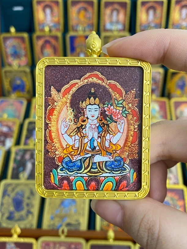 半手绘描金彩金单双面唐卡项链吊坠   四臂