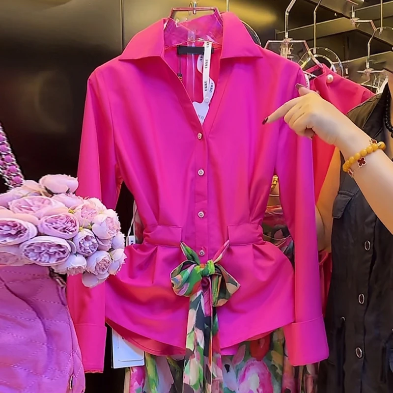 2025秋季新款法式女长袖V领衬衫洋气减龄显瘦设计感收腰系带上衣