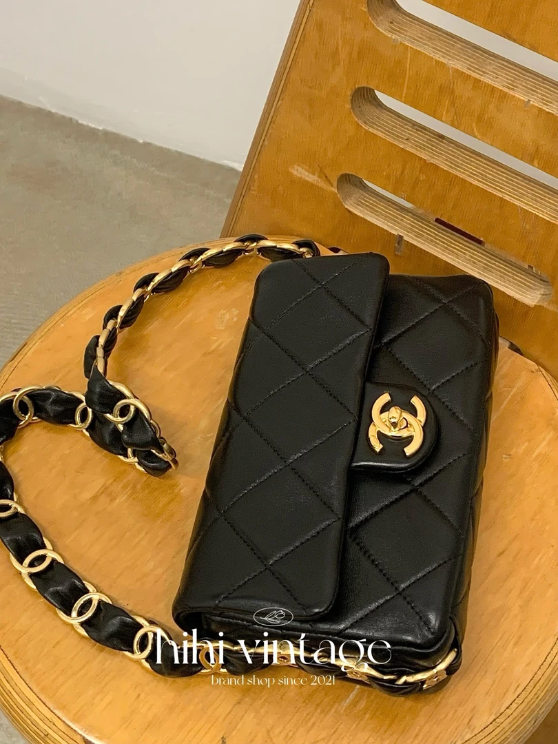 99新 Chanel/香奈儿 24K 黑金羊皮双C粗链条口盖包 底长26cm 二店