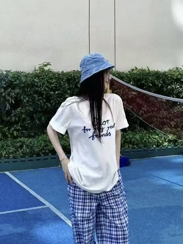 【TONG】克莱因莱蓝印花宽松休闲圆领T恤白色百搭上衣（191）