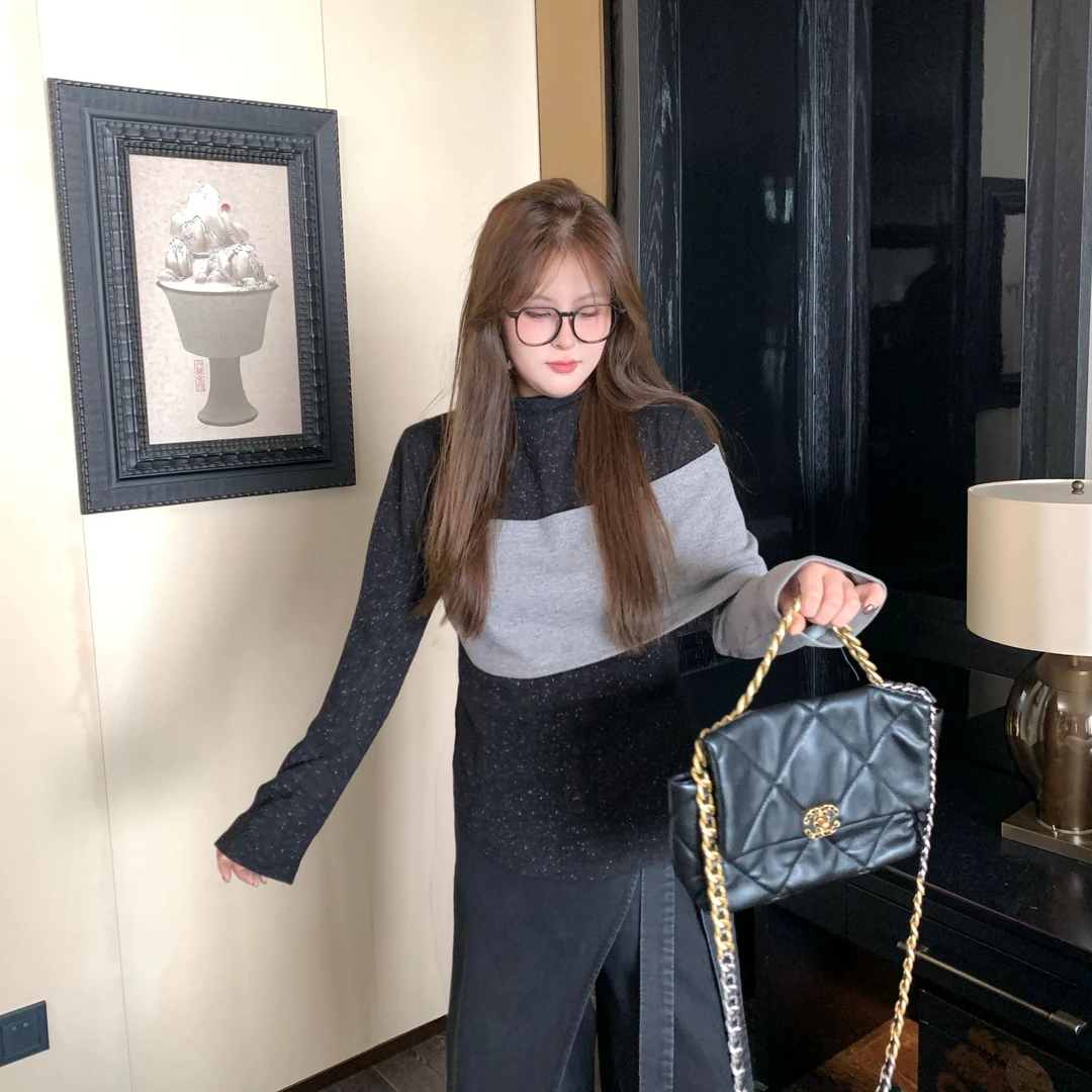 盈盈&南岛风大码女装拼接撞色百搭针织打底衫胖mm显瘦上衣ZYY2623