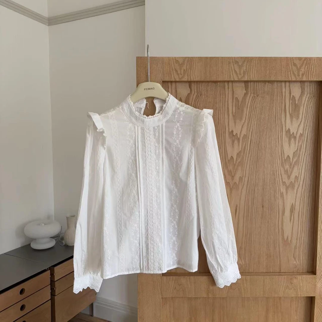 【可爱置顶】25098 减龄白色韩版立领木耳边法式飞飞袖衬衫