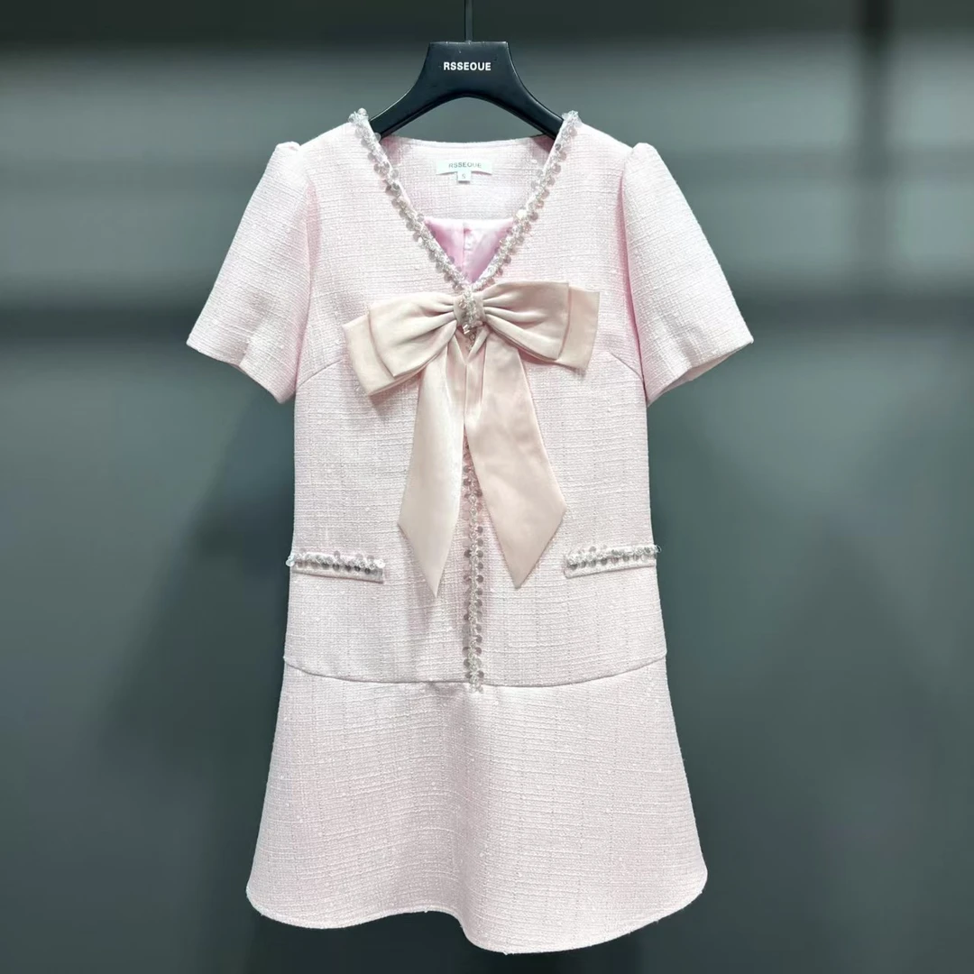 轻奢高级感夏装女重工钉珠粗花呢裙子气质名媛小香风宽松连衣裙女