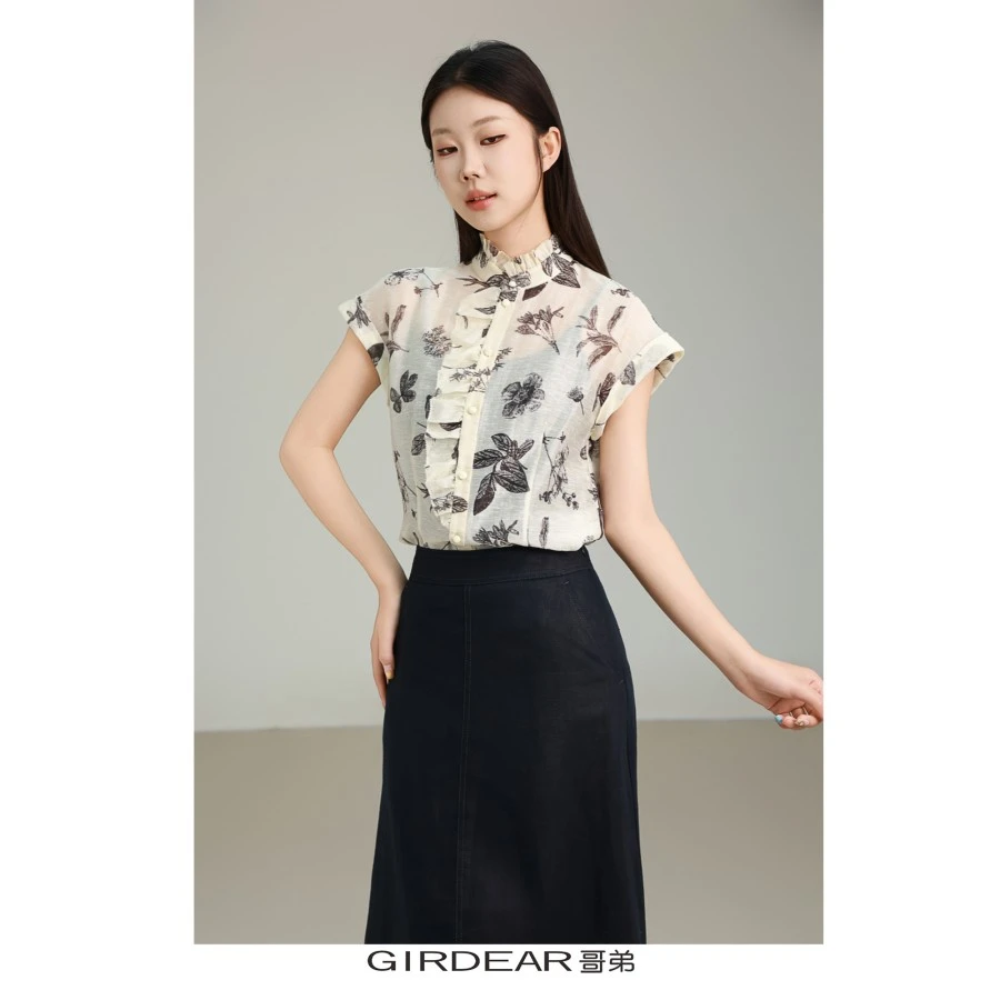 哥弟新中式时尚百搭复古气质夏季舒适优雅印花休闲短袖衬衫130023
