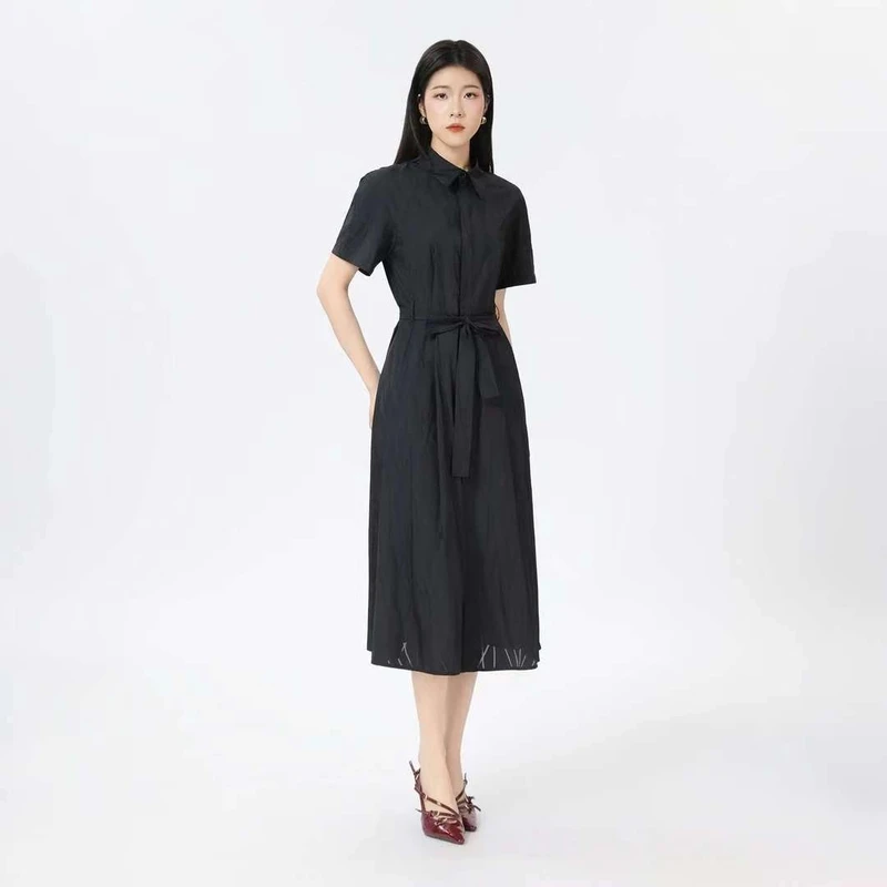 阿玛施 夏日穿搭新款通勤显瘦收腰A摆法式连衣裙（附腰带）550052