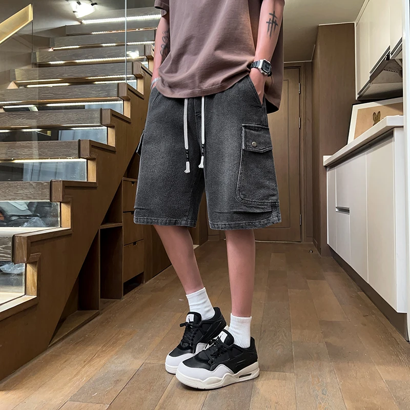 2025夏季新款美式复古工装冰丝牛仔短裤青少年薄款宽松直筒五分裤