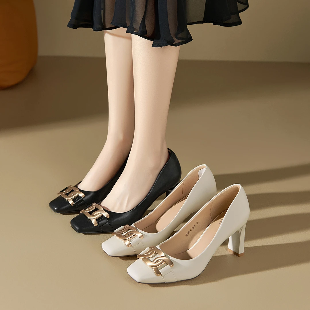 高跟鞋女新款法式方头粗跟职业百搭舒适不累脚通勤女鞋5C005