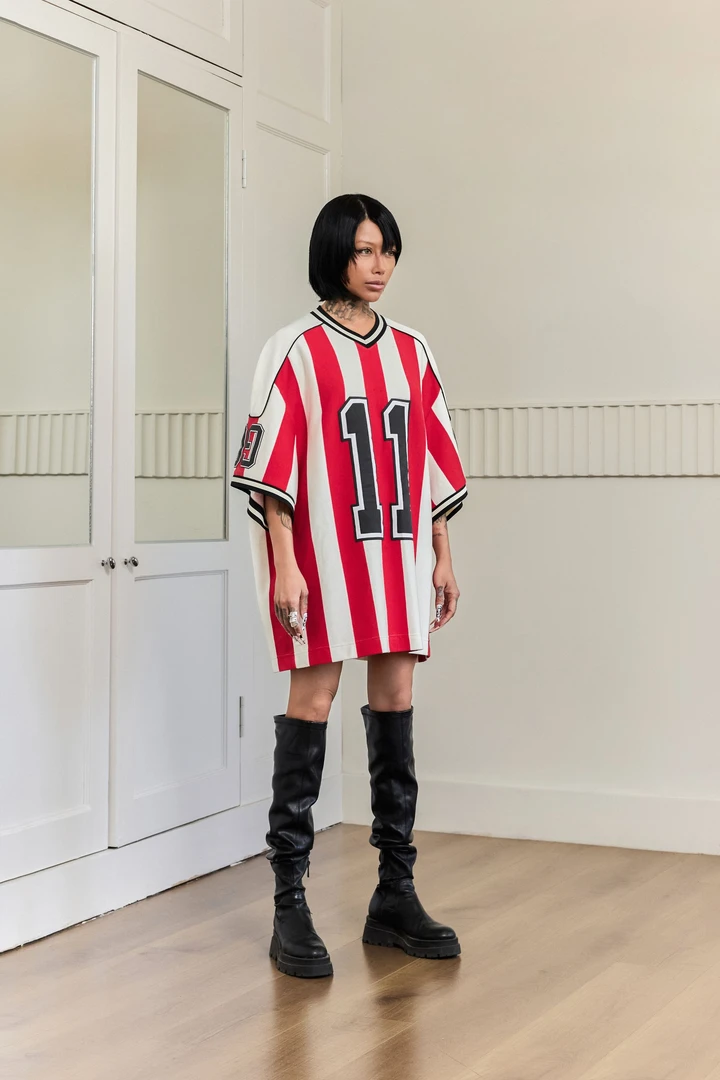 GGAHOLIDAY新款复古洋气宽松休闲潮流套头红白条纹T恤上衣-151111