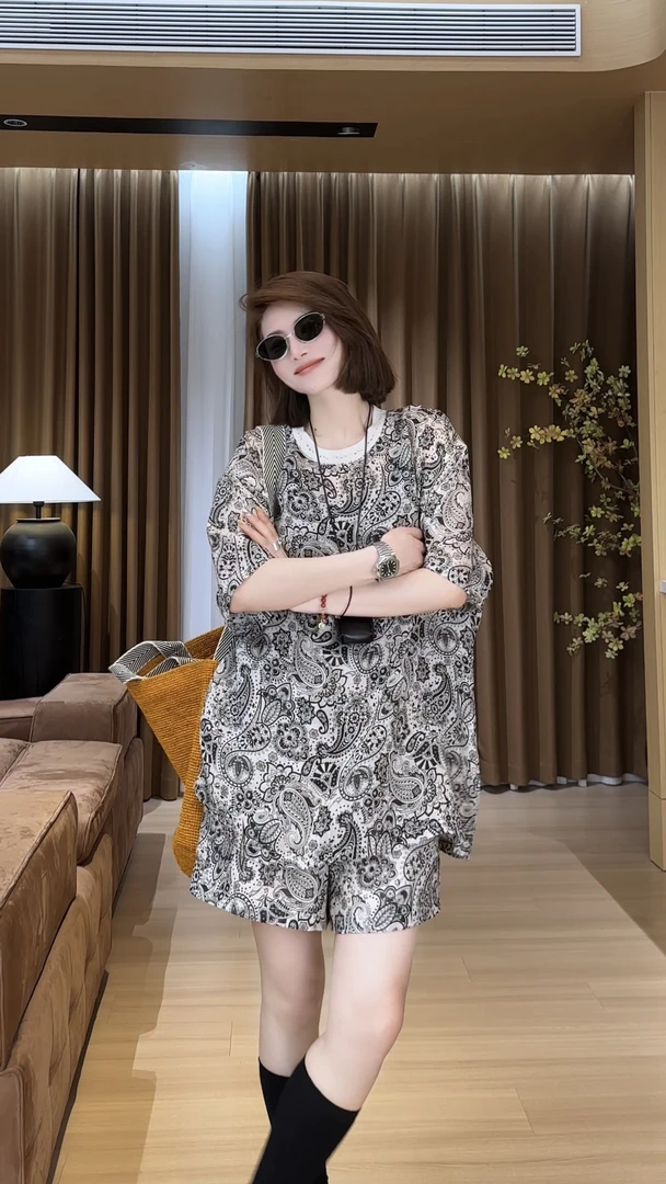 YYOUHAN 2025夏款小众设计极简风休闲百搭腰果花套装 2504C2101