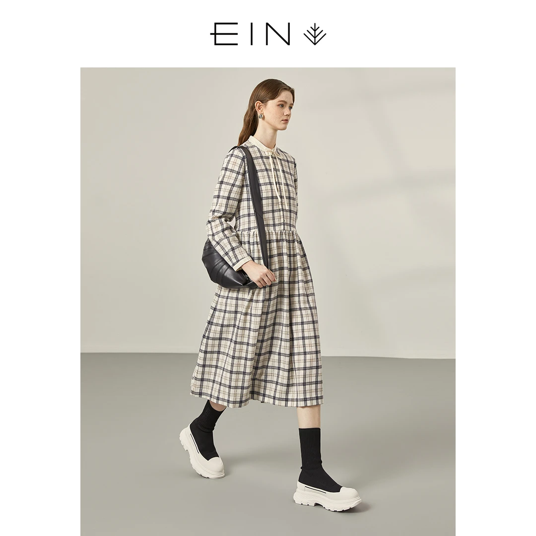 EIN/言文艺复古小众原创休闲羊毛格纹系带长袖连衣裙女秋季款