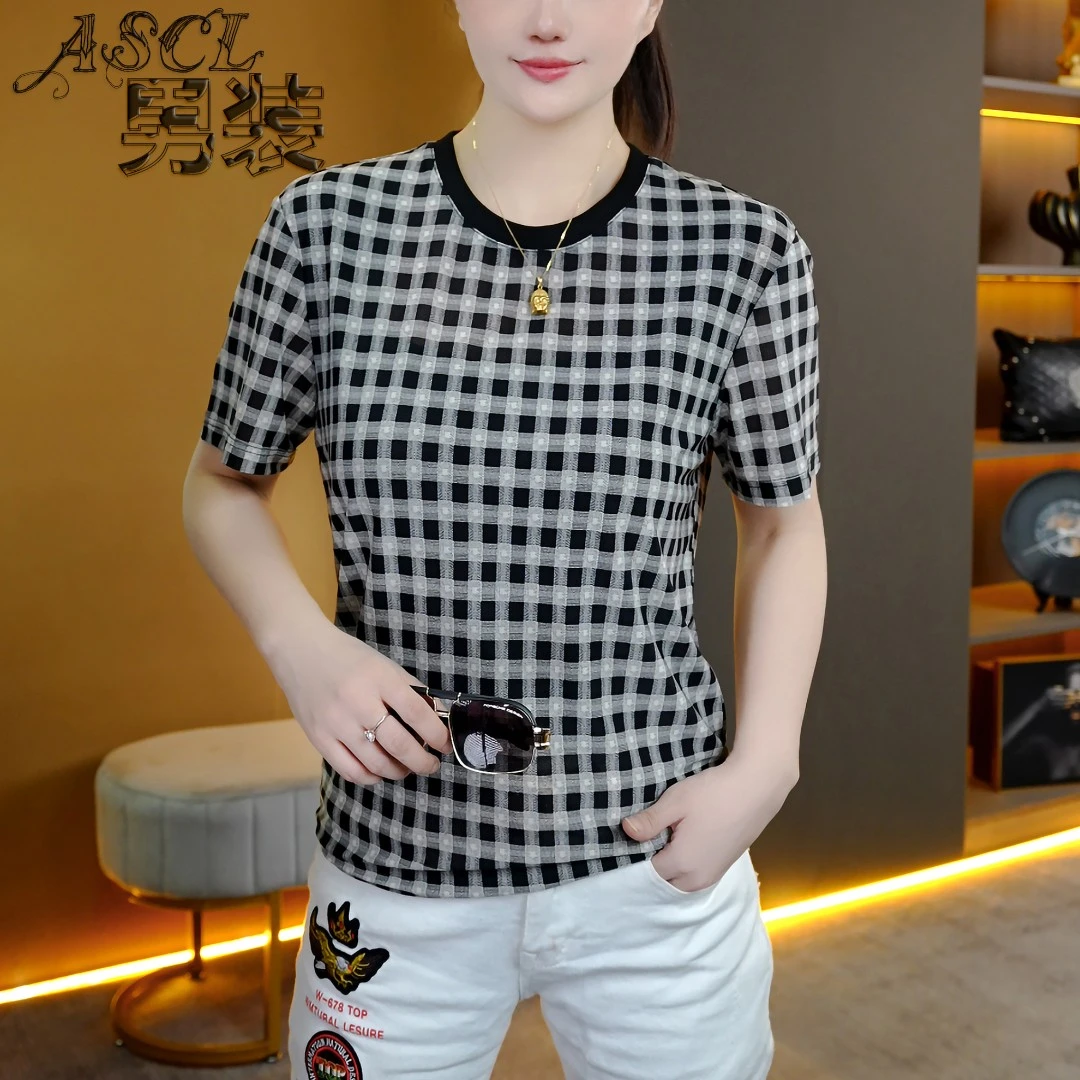 夏季新款网红个性品质格子印花时尚男士薄款冰凉百搭显瘦圆领短袖