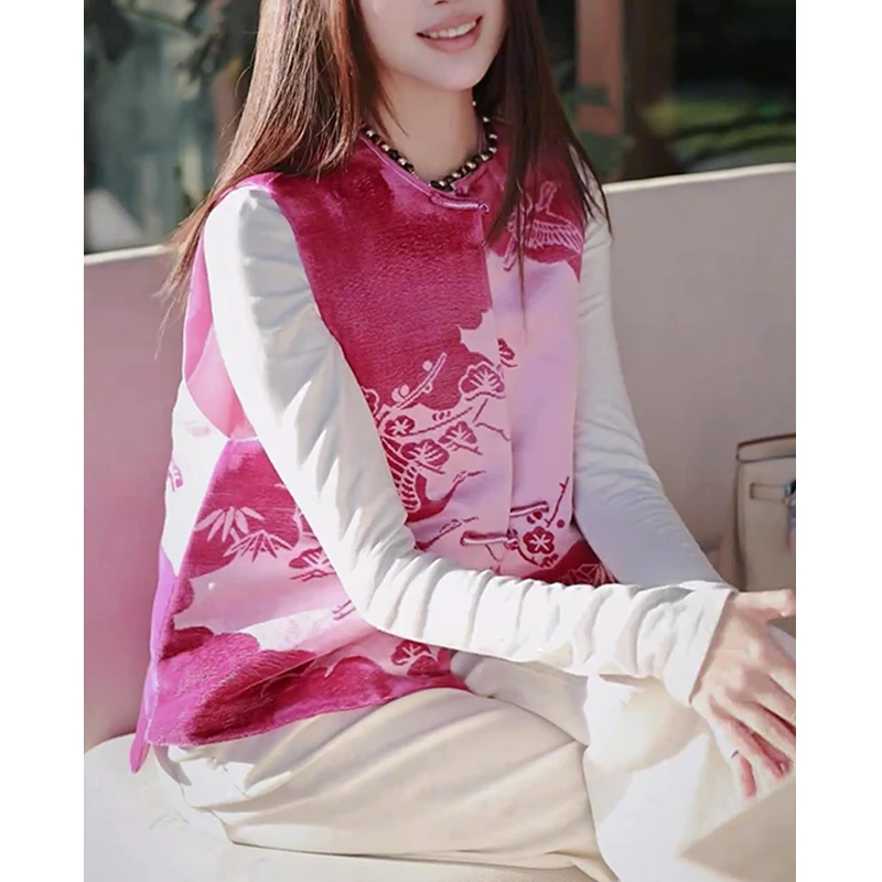 新中式国风高端唐装宋锦上衣超好看小香风粉色印花马甲外套女秋冬