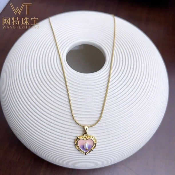合金项链 项链时尚气质简约百搭精致铜镀金+珐琅彩工艺 粉紫爱心