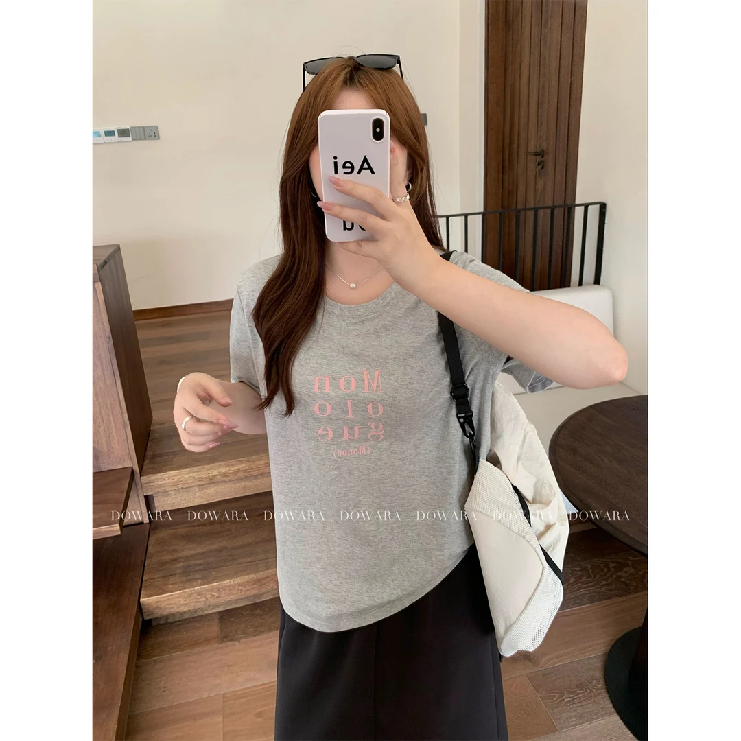 现货大婉酱微胖定制灰色纯棉字母立体绣花T恤夏季短袖上衣8023D