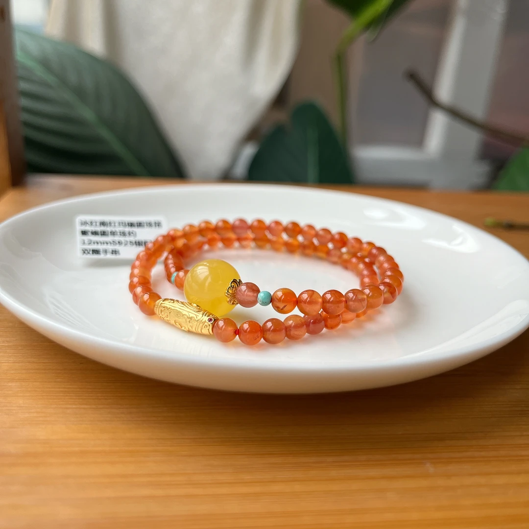 【郭老师】约5mm冰红南红玛瑙圆珠搭12mm蜜蜡圆单珠双圈手串