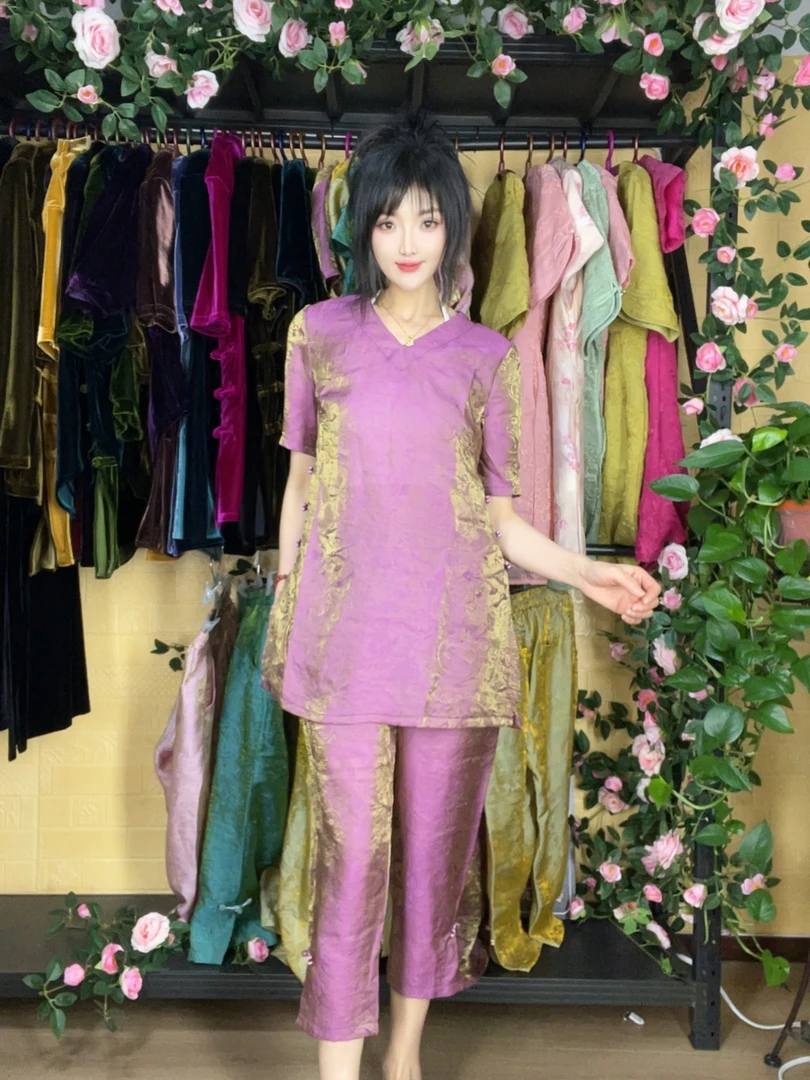 夏季新款七彩琉璃纱国风复古盘扣套装6017