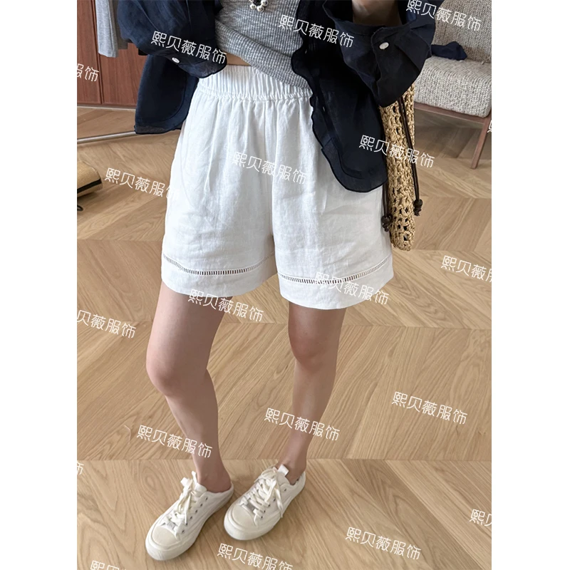 熙贝薇2 欧货100亚麻高腰松紧腰宽松简约百搭纯色短裤 G7976