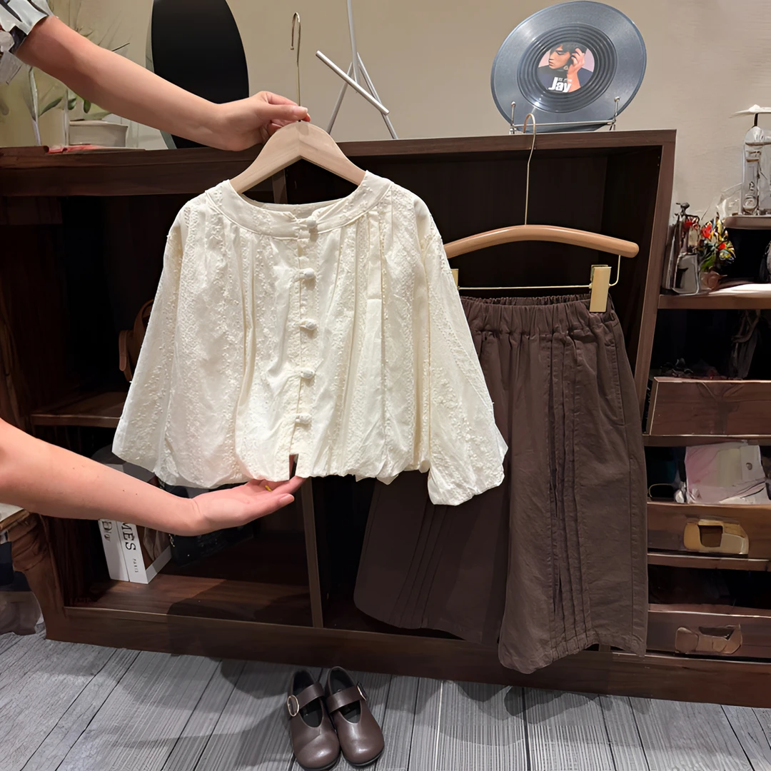 女童套装衬衫2025新款儿童洋气时髦宝宝休闲上衣女孩蕾丝泡泡袖潮