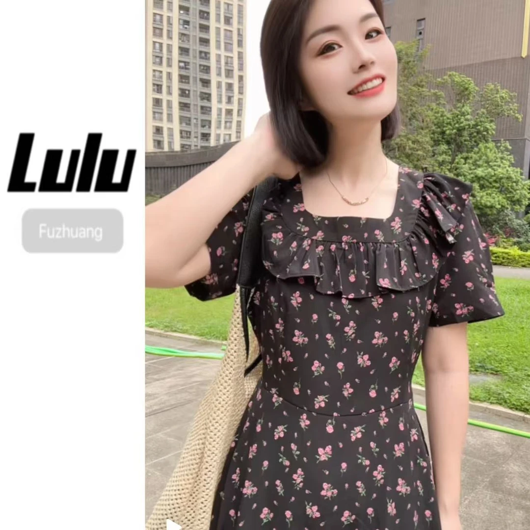 夏季法式碎花气质印花时尚减龄短袖茶歇风长款连衣裙