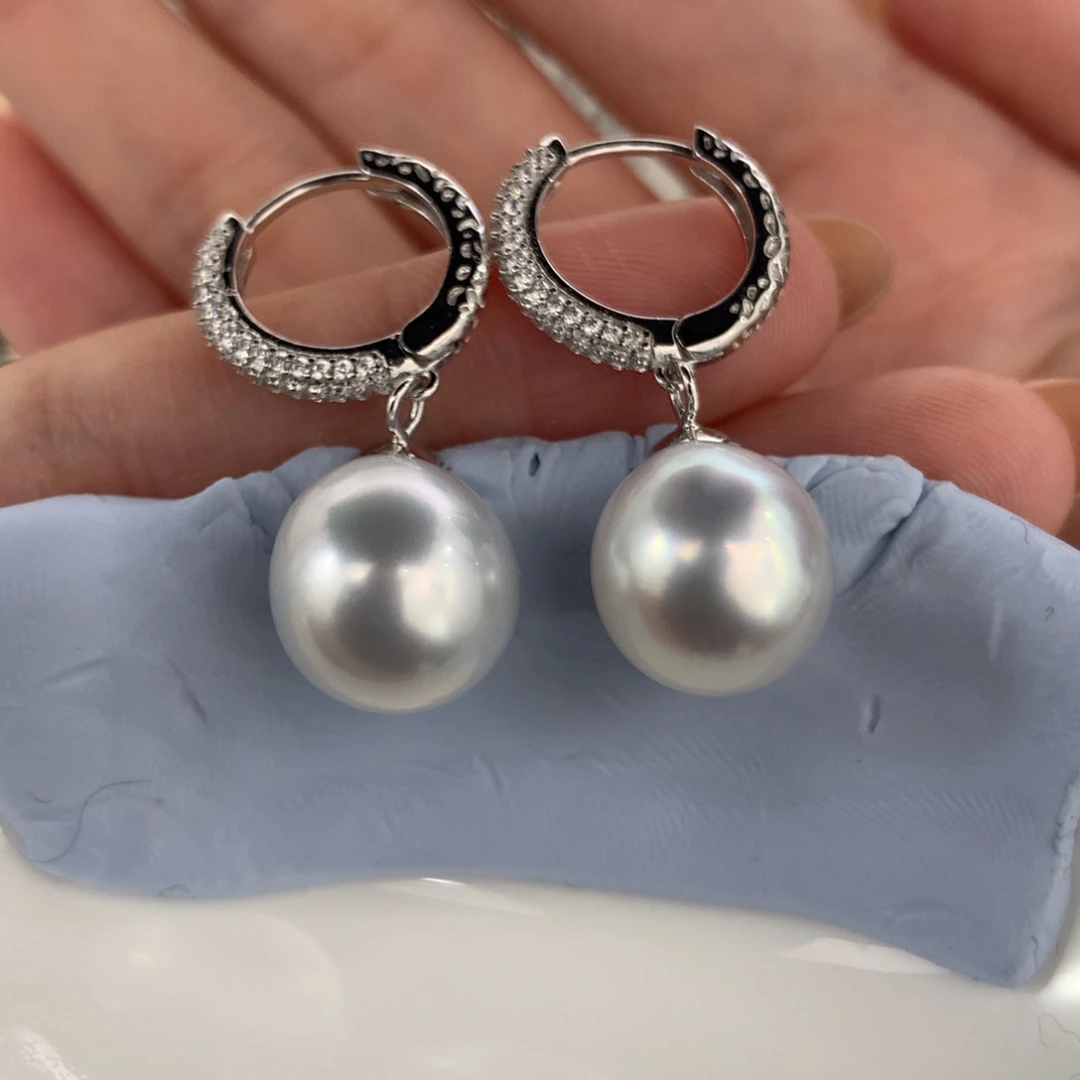 定制海水珍珠银S925镶嵌耳饰澳白银蓝光11-12mm