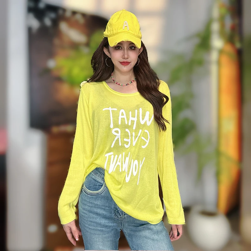 春季新款时尚韩版长袖字母针织衫女士宽松休闲薄款毛衫内搭打底衫