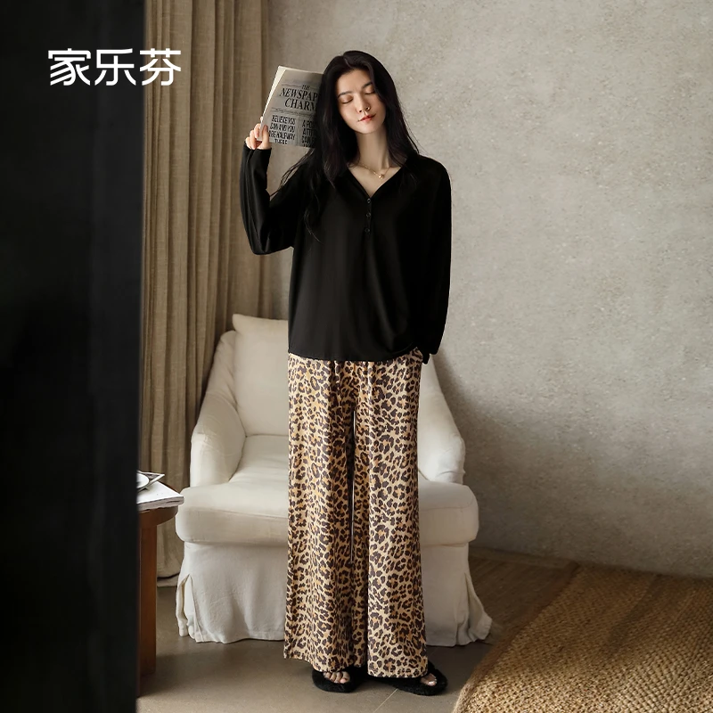 家乐芬新款睡衣女秋冬季柔软纯棉家居服长袖长裤豹纹秋天圆领套装