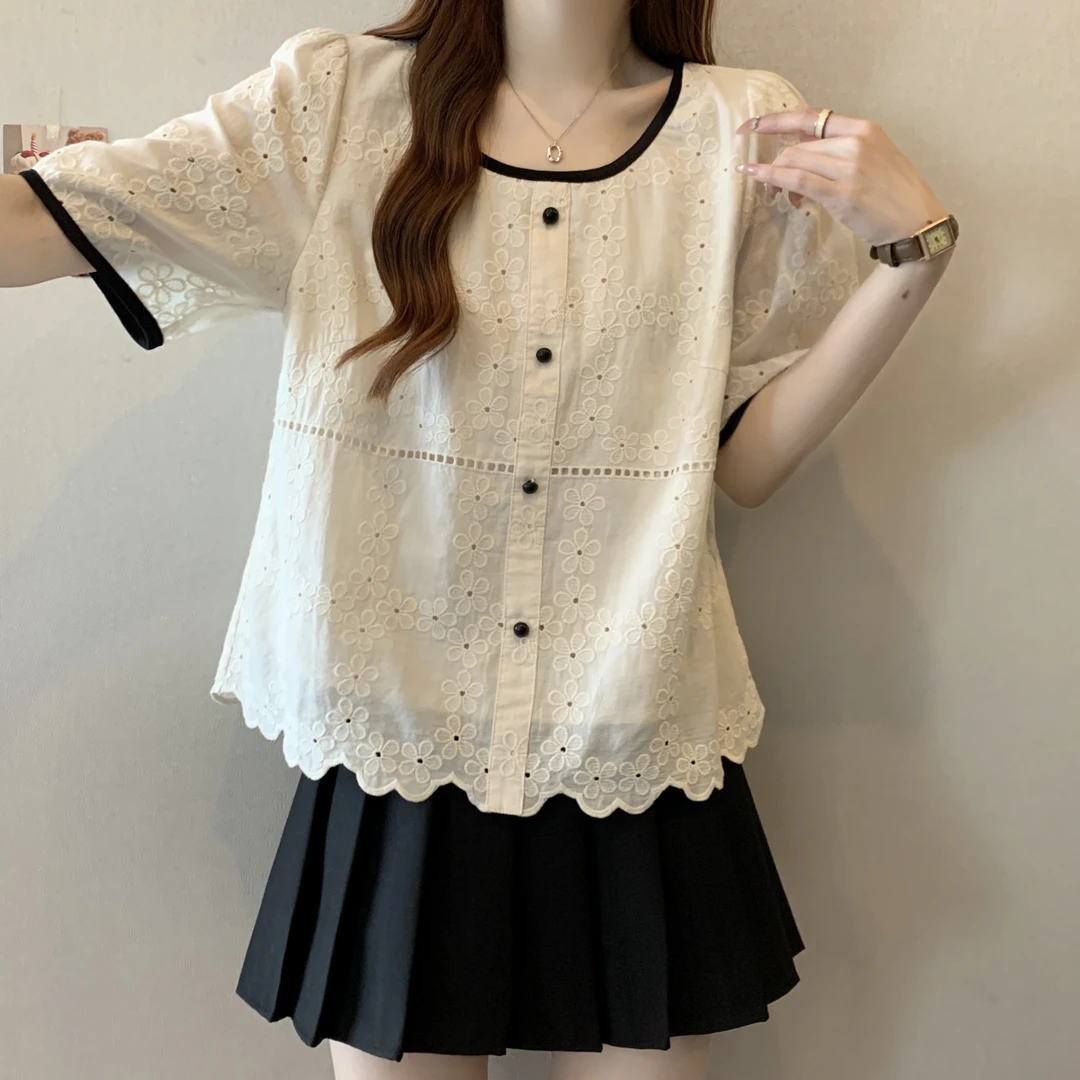 大码女装遮肚子小香风蕾丝短袖衬衫女夏季胖妹妹宽松雪纺衫上衣女