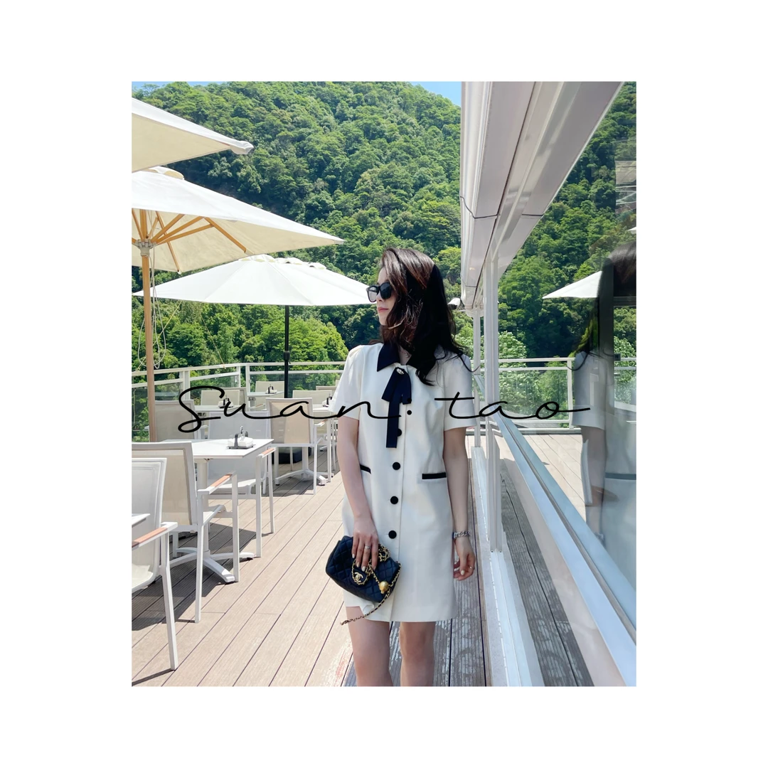Suan.Tao法式夏季拼接蝴蝶结收腰小众显瘦洋气A字连衣裙LYQ9661