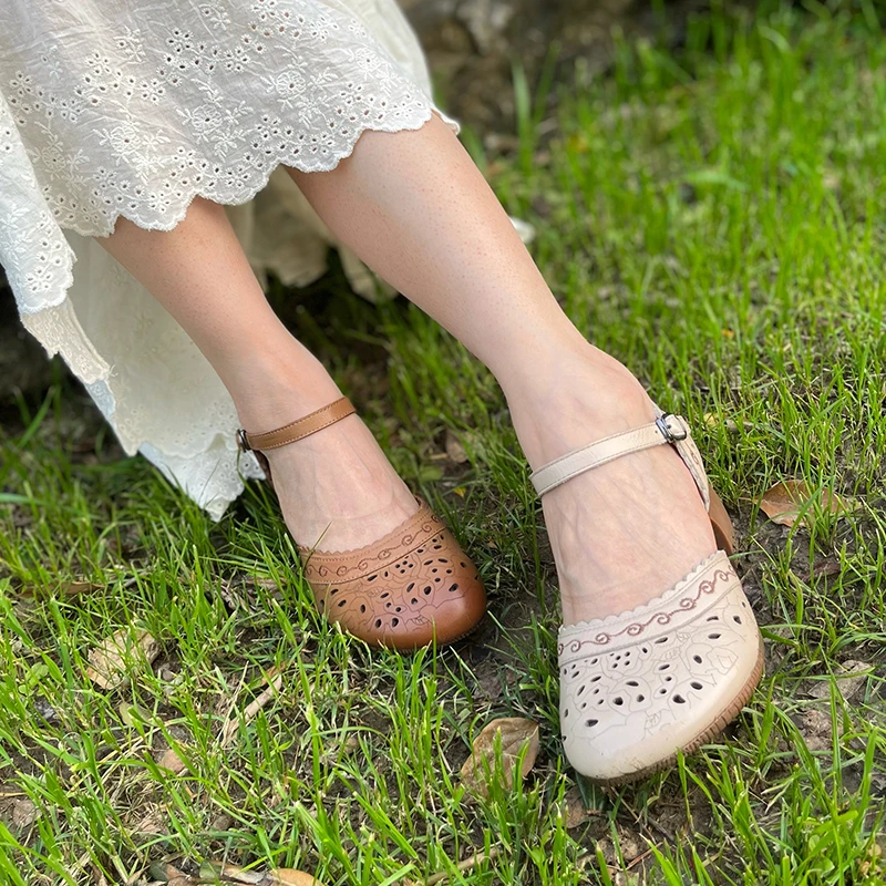 复古风头层牛皮浅口凉鞋夏季透气镂空粗跟真皮女鞋 跟4.5cm