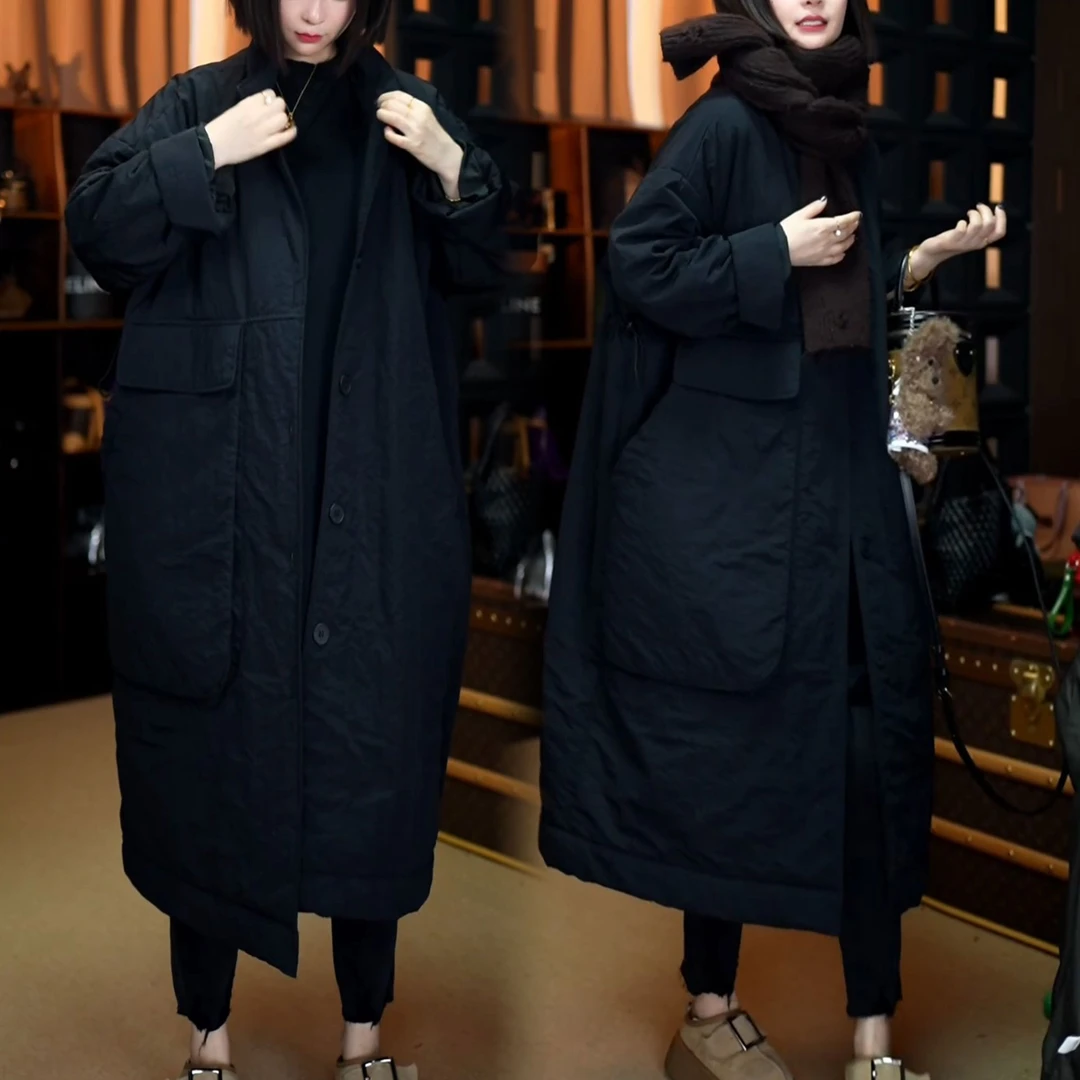 宽松遮肉保暖中长款棉衣2025秋冬加厚防风气质通勤口袋韩版棉服女