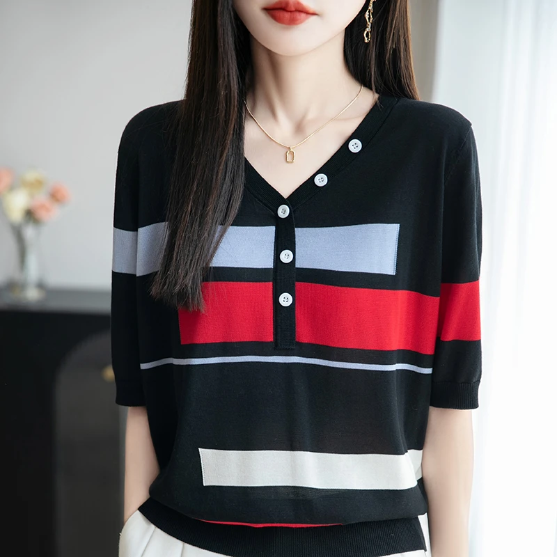 哥弟阿玛施正品新款夏季V领薄款针织衫女装短袖撞色休闲风宽松T恤