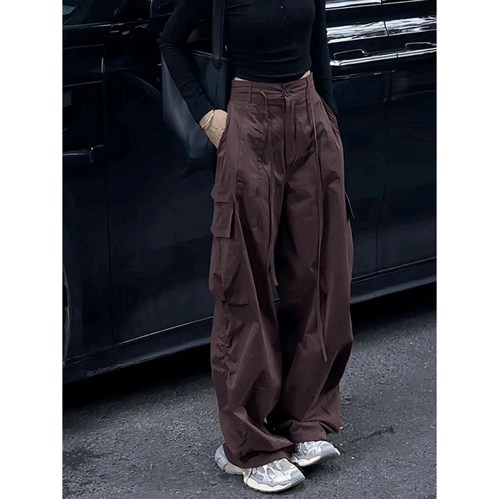 今年流行的美式高街红棕色拖地直筒高腰显瘦宽松阔腿裤子女秋新款