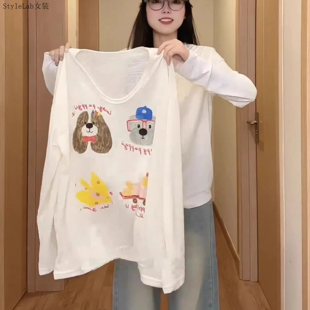 小狗印花薄款防晒T恤女装夏季休闲慵懒风宽松罩衫薄款长袖上衣