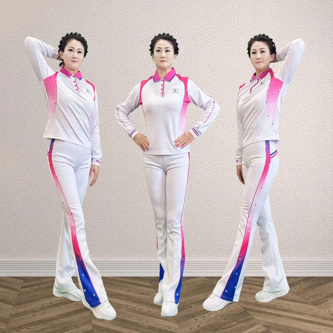 佳木斯健身操新款时尚运动休闲莹白樱花粉长袖南韩丝套装NCT03