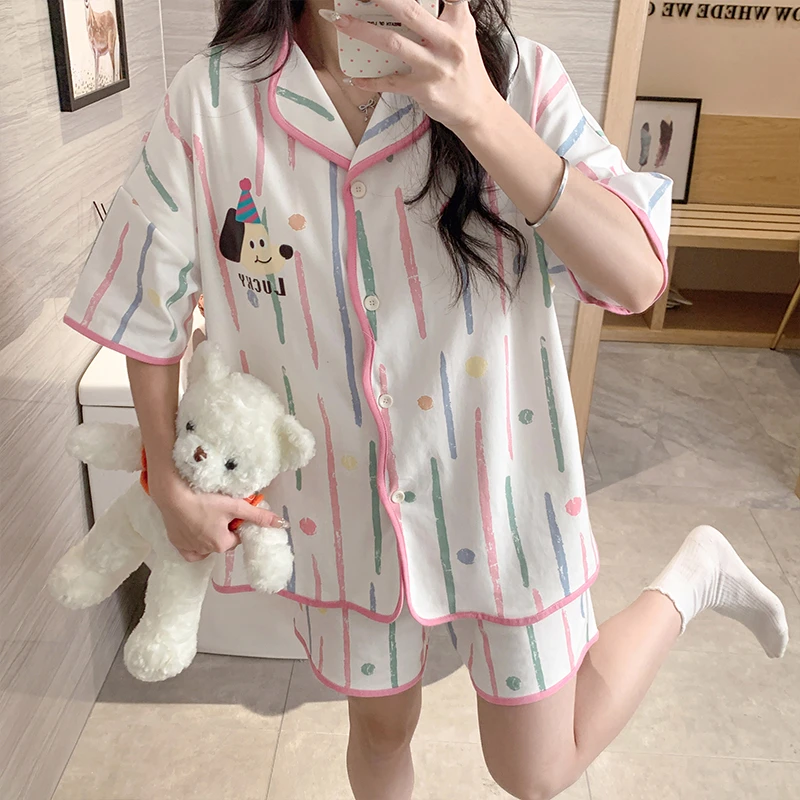 多巴胺小狗睡衣女可爱夏季短袖甜美家居服套装可外穿大码宽松学生
