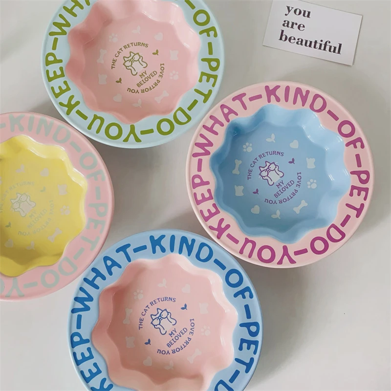 【爪一会专属】撞色系花边猫碗防黑下巴陶瓷碗防打翻喂水碗宠物用品