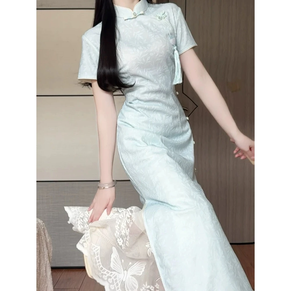 淡蓝色旗袍长款新中式清冷感修身收腰夏季新款年轻少女日常连衣裙