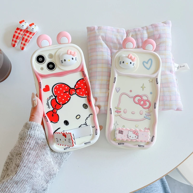 适用苹果16promax手机壳立体耳朵KT猫可爱卡通折叠支架