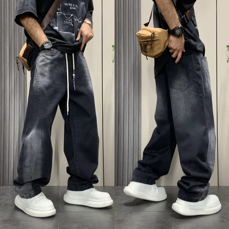 美式重磅拼接牛仔裤男秋季新款渐变宽松阔腿老爹裤做旧直筒拖地裤