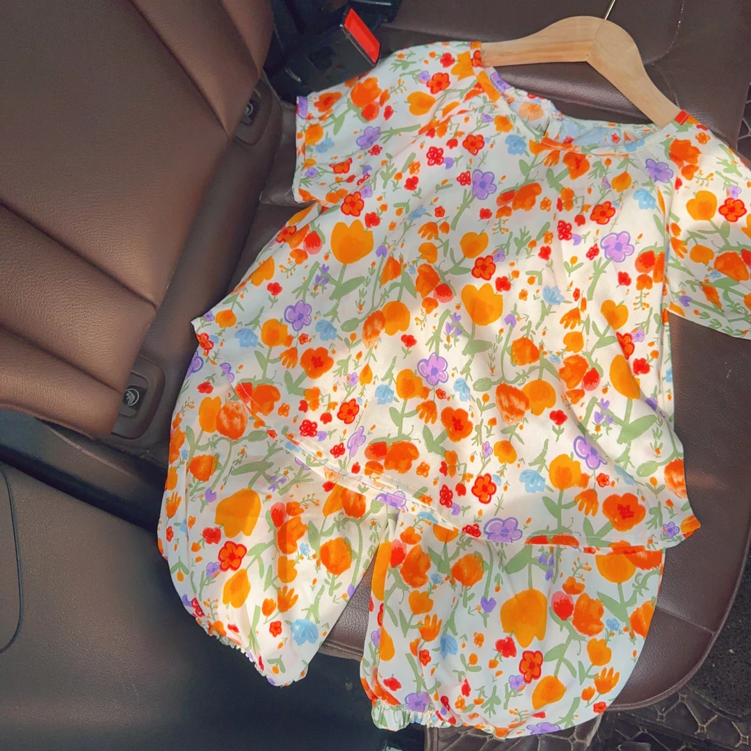 02花园棉绸亲子短袖套装2025夏季女童可爱短袖长裤套装