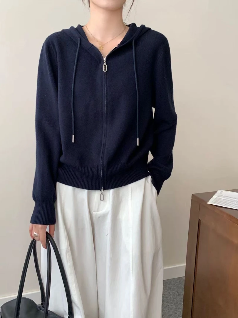 【艾米佳儿】连帽双拉链休闲时尚百搭针织长袖毛衣开衫外套880813
