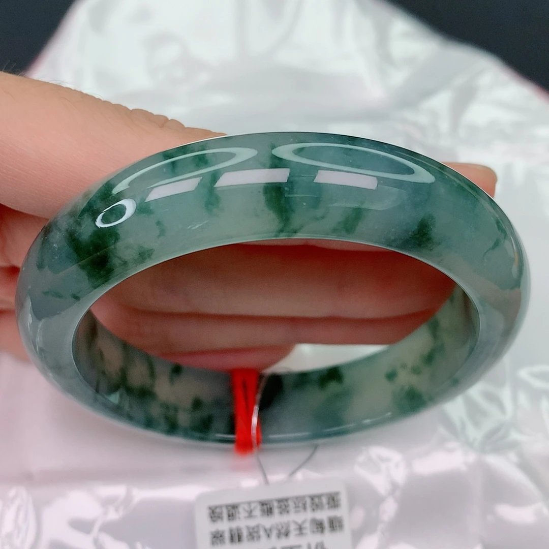 未镶嵌手镯翡翠53.7正圈，冰透起光，墨绿花，强推