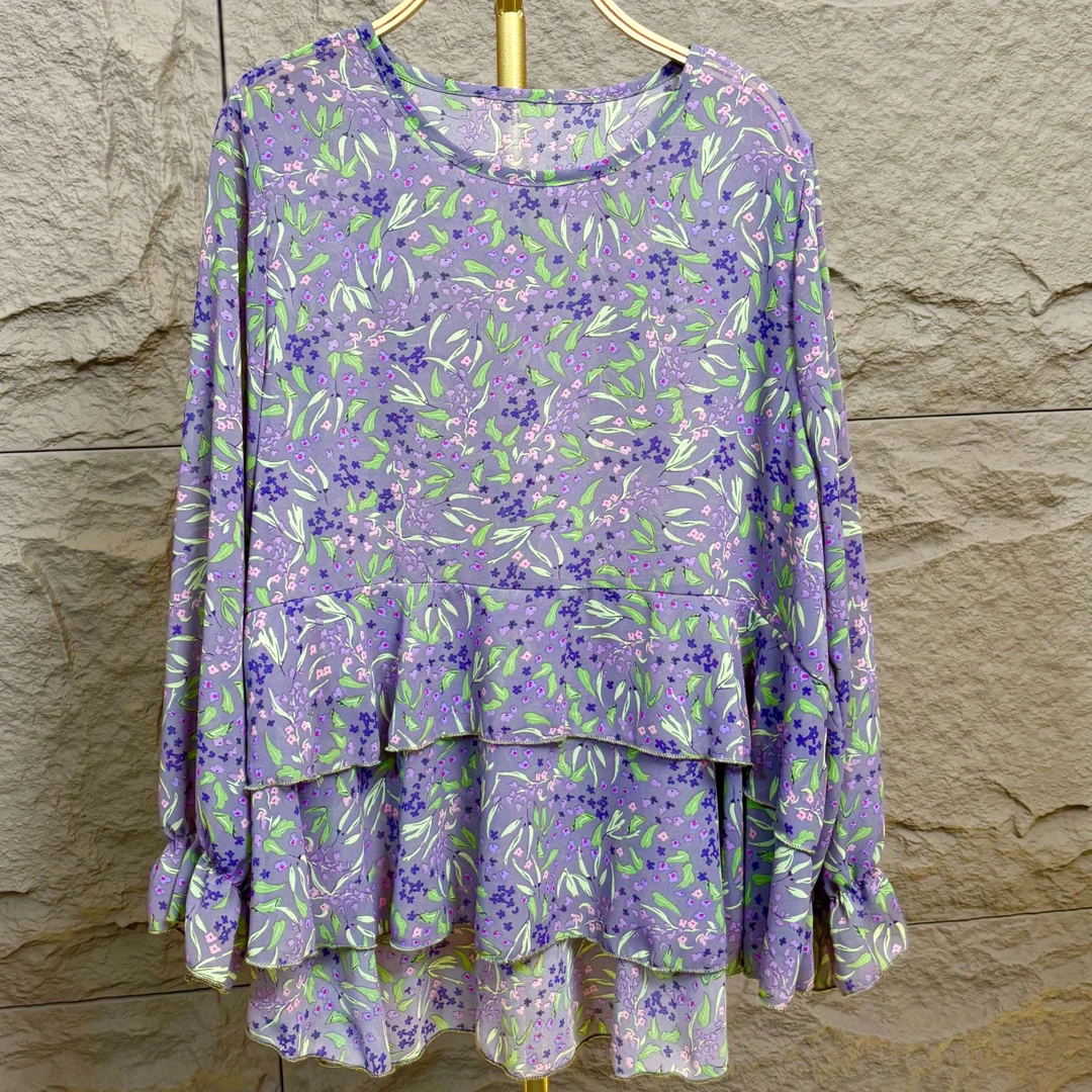 557淡紫色薰衣草碎花上衣显白减龄宽松