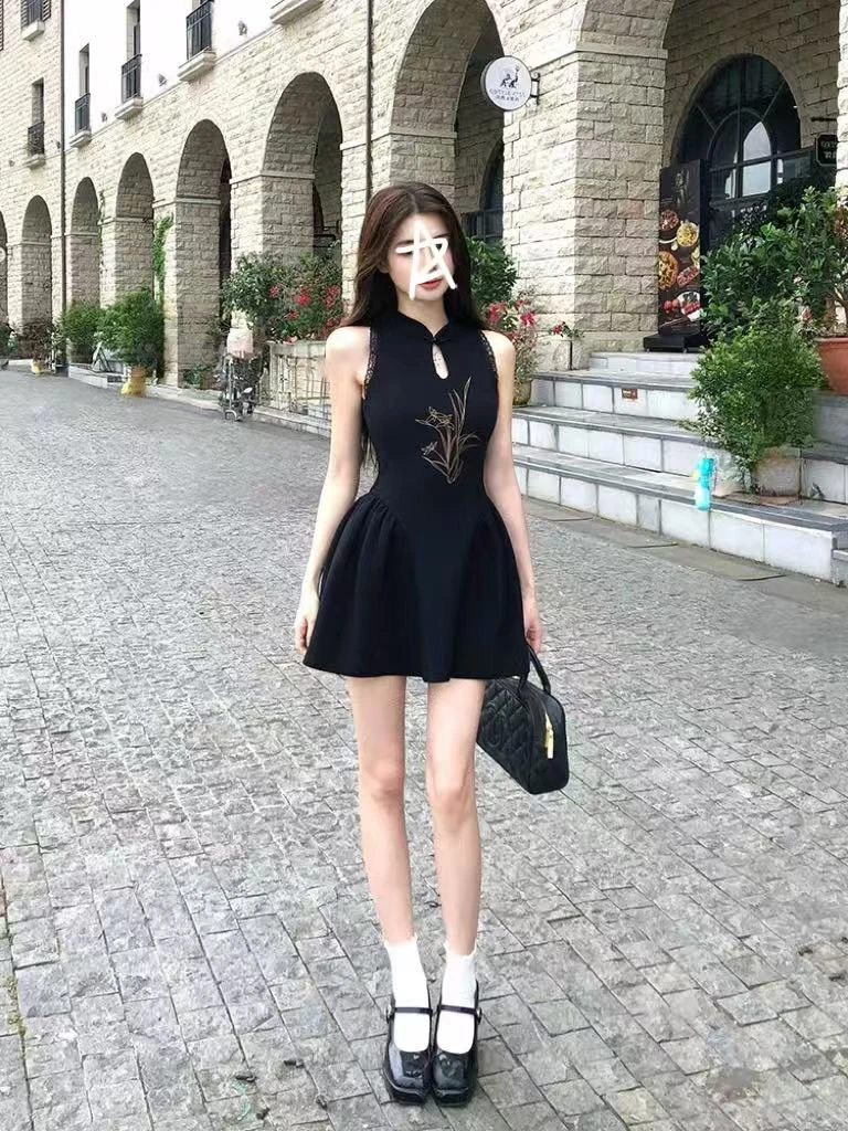 连衣裙旗袍短裙小黑裙无袖新中式夏季立领裙子中国风