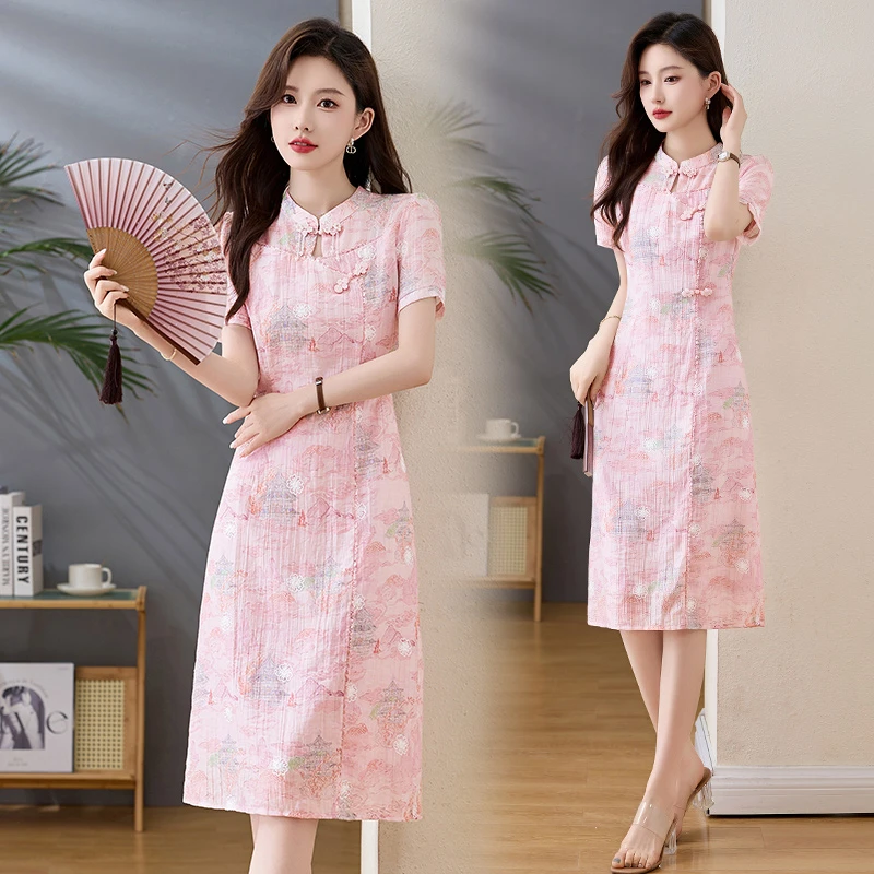 新中式国风印花连衣裙女2025夏季小个子修身优雅气质改良旗袍裙子