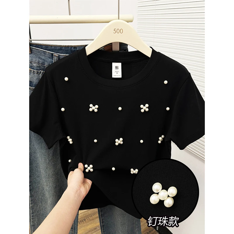 【运补】重工钉珠设计正肩短袖t恤女夏装高弹显瘦别致修身外穿上衣