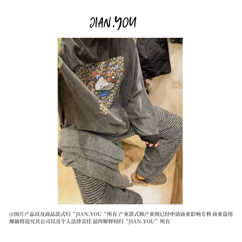 JIANYOU-「豹纹长袖」韩国单！25春款女款复古彩线做旧韩系T恤X-5005