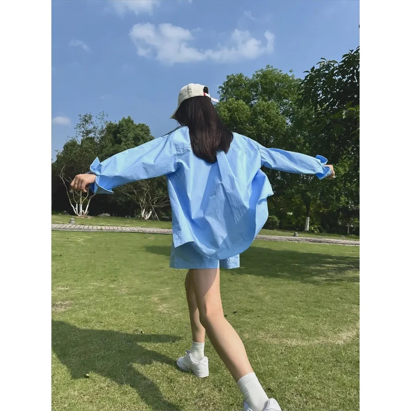 港式慵懒风纯棉气质套装两件套网红运动时尚长袖衬衣短款休闲百搭