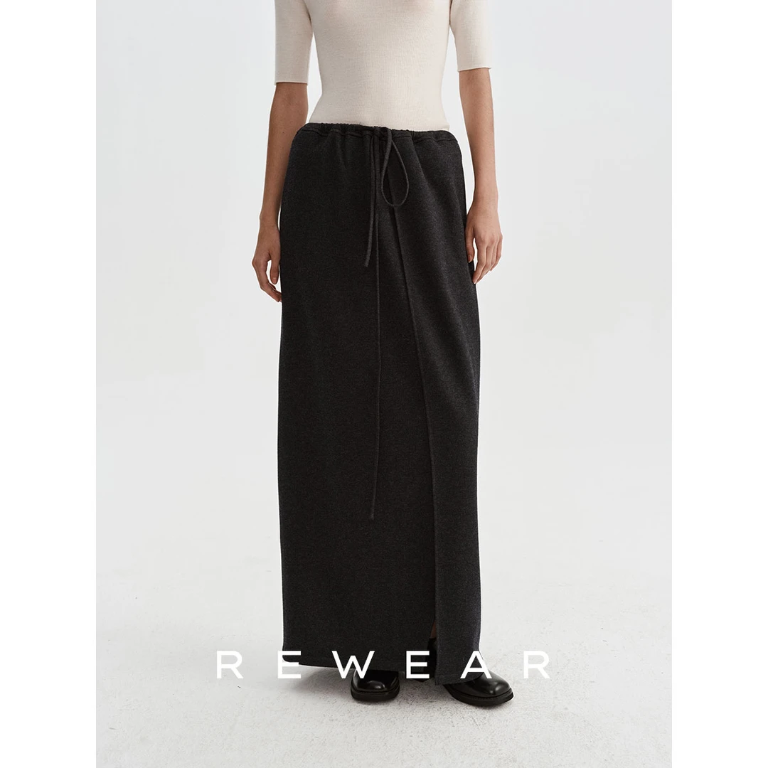 REWEAR/美丽诺针织羊毛侧开衩腰头抽绳优雅精致围裹式半身裙13259
